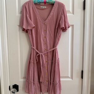 Pink Button-Down Tie Waist Ruffle Dress